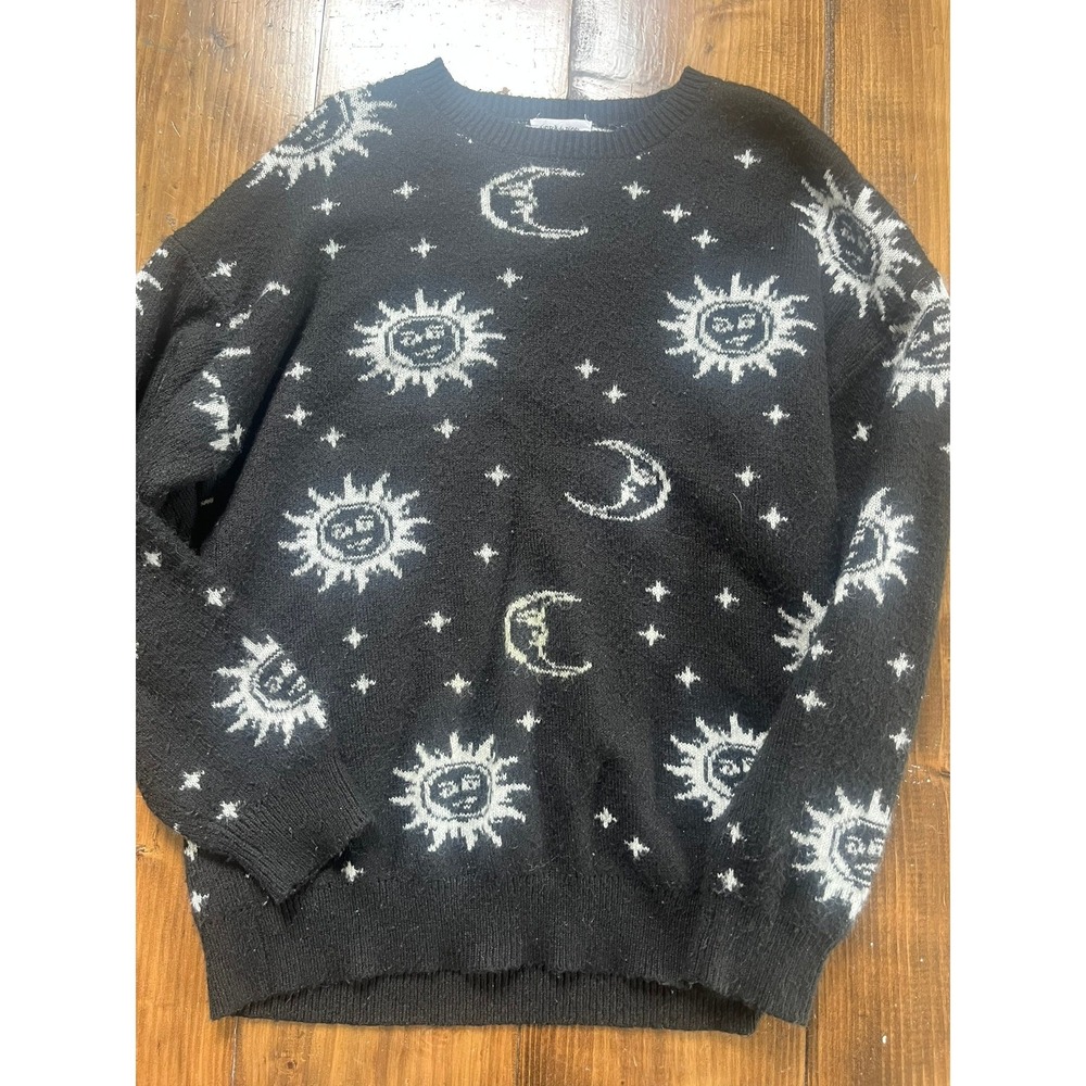 Stitch & Pine Women Black Celestial Sun Moon Star Knit Sweater Size Medium
